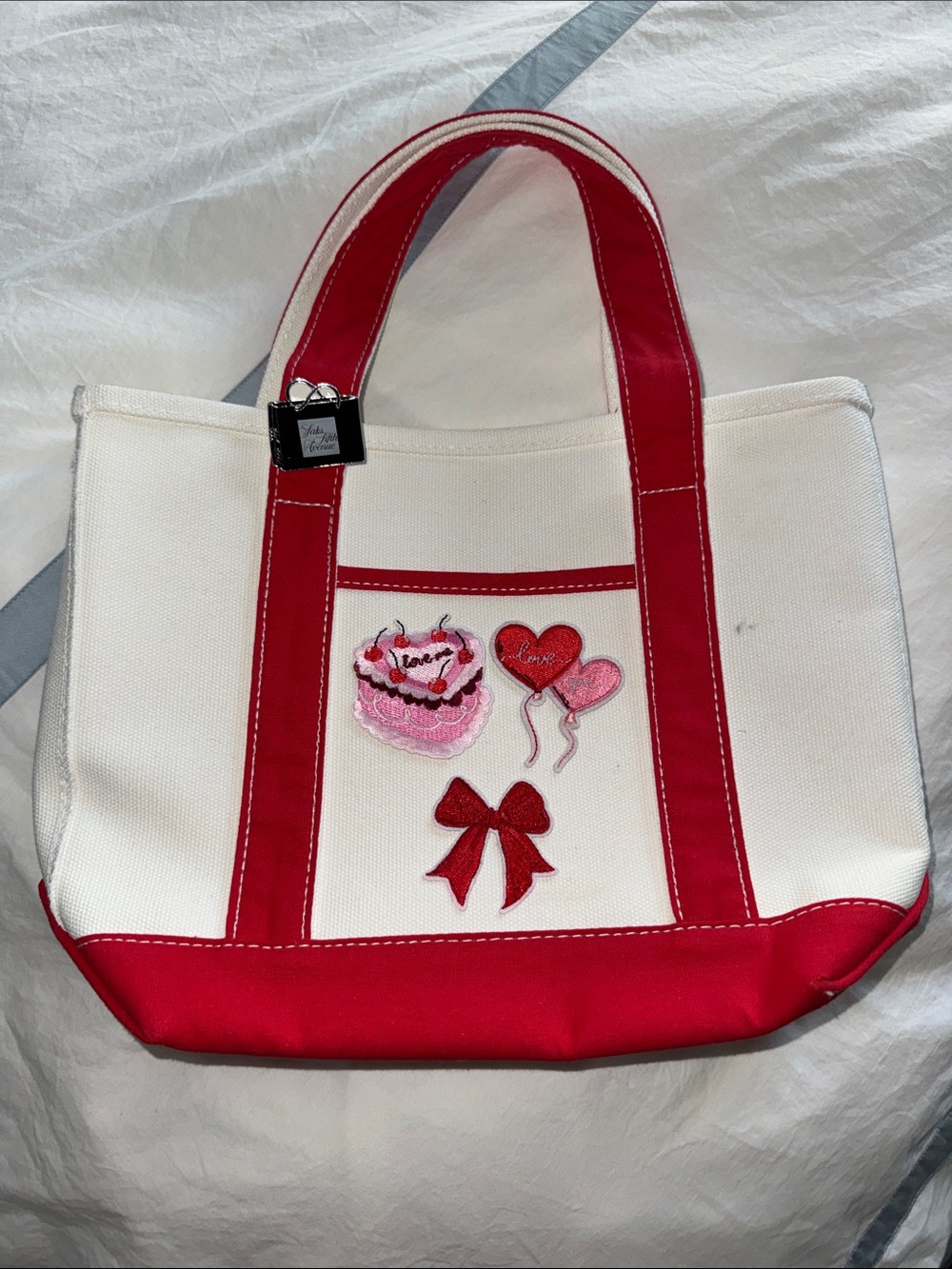 White and Red Canvas Tote Bag with Heart and Bow Patches